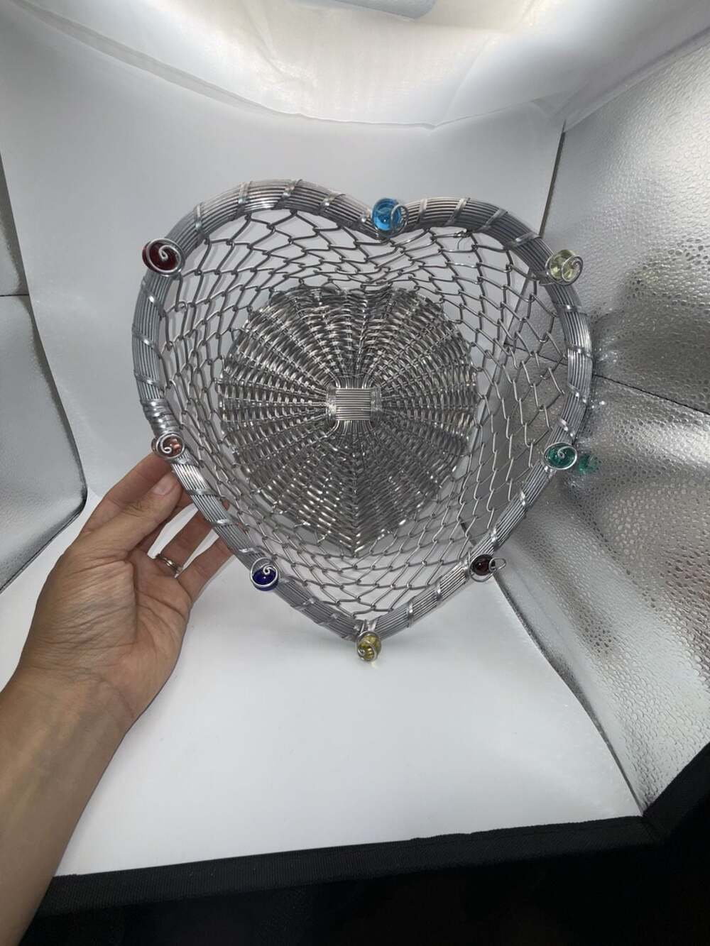 Dary Rees Original Hand-Woven Aluminum Wire Heart Basket  Glass Beads